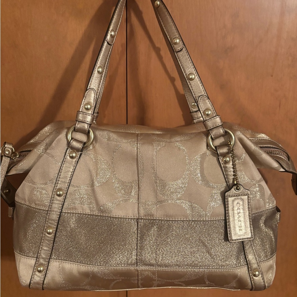 Coach Signature Metallic Jacquard Tote – Expandable Sides-EUC
